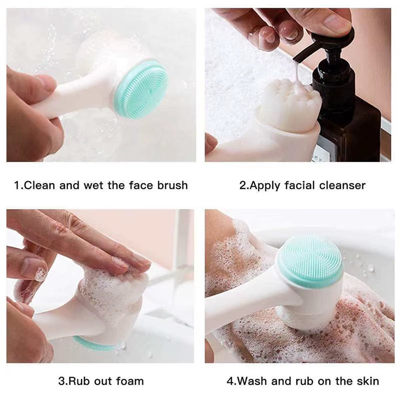 Double-Sided Silicone Facial Cleansing Brush – Exfoliating, Deep Pore Cleaning & Massage Tool (Pink / Blue)