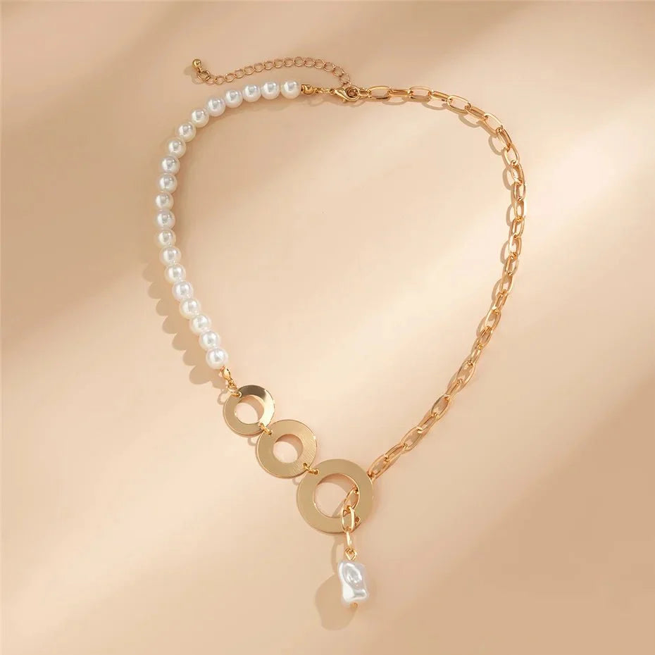Elegant Pearl & Paperclip Chain Necklace – Modern Half-Pearl, Half-Link Design