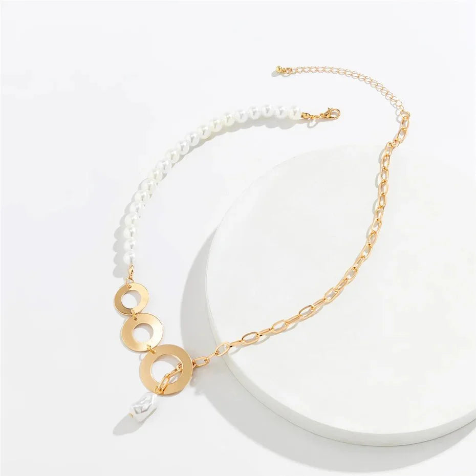 Elegant Pearl & Paperclip Chain Necklace – Modern Half-Pearl, Half-Link Design