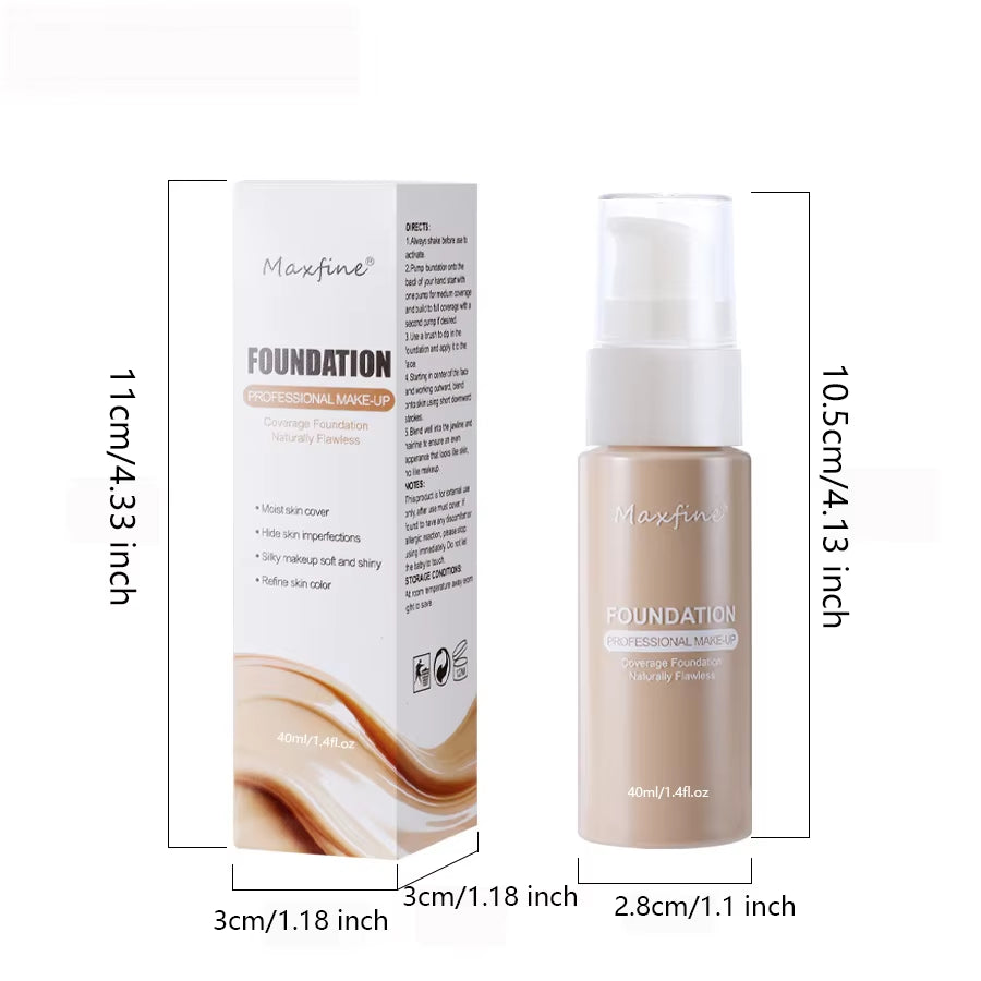 MAXFINE 12-Shade Waterproof Liquid Foundation | Full-Coverage Concealer & Sweat-Resistant Makeup for All Skin Tones