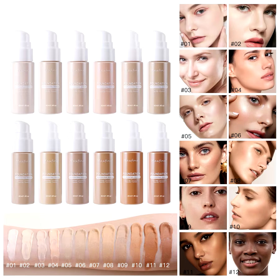 MAXFINE 12-Shade Waterproof Liquid Foundation | Full-Coverage Concealer & Sweat-Resistant Makeup for All Skin Tones