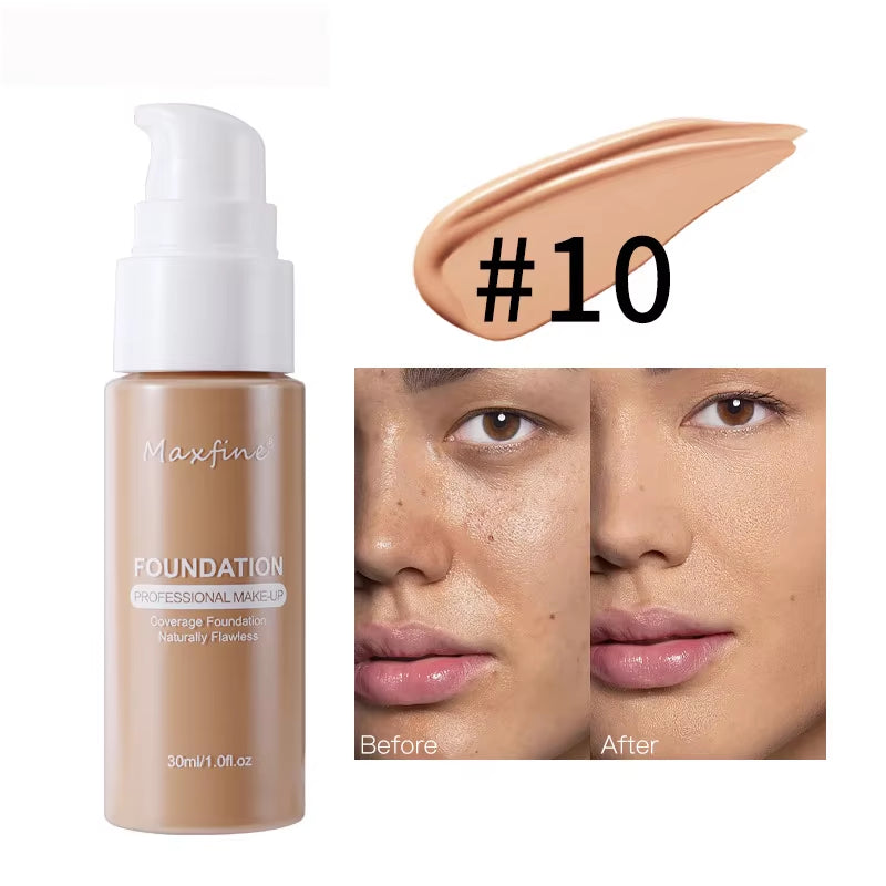 MAXFINE 12-Shade Waterproof Liquid Foundation | Full-Coverage Concealer & Sweat-Resistant Makeup for All Skin Tones