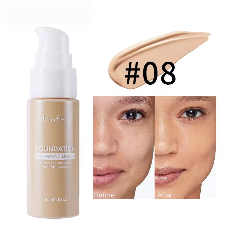 MAXFINE 12-Shade Waterproof Liquid Foundation | Full-Coverage Concealer & Sweat-Resistant Makeup for All Skin Tones
