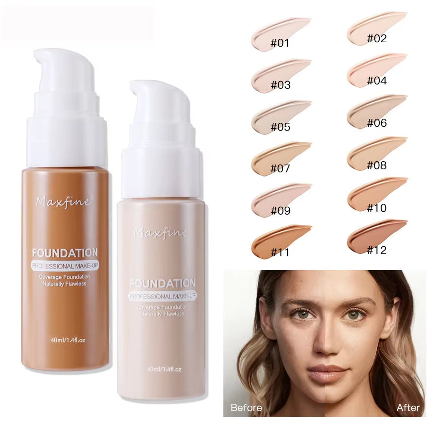 MAXFINE 12-Shade Waterproof Liquid Foundation | Full-Coverage Concealer & Sweat-Resistant Makeup for All Skin Tones