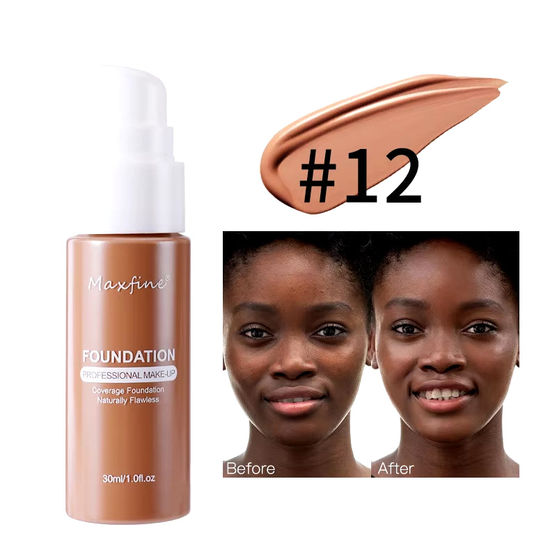MAXFINE 12-Shade Waterproof Liquid Foundation | Full-Coverage Concealer & Sweat-Resistant Makeup for All Skin Tones