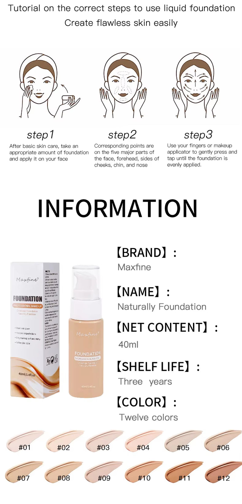 MAXFINE 12-Shade Waterproof Liquid Foundation | Full-Coverage Concealer & Sweat-Resistant Makeup for All Skin Tones