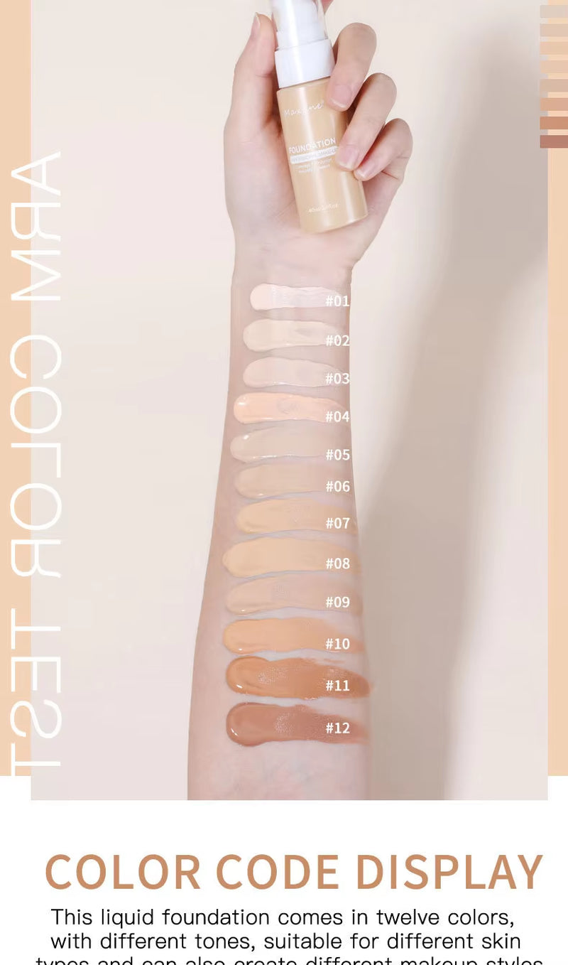 MAXFINE 12-Shade Waterproof Liquid Foundation | Full-Coverage Concealer & Sweat-Resistant Makeup for All Skin Tones