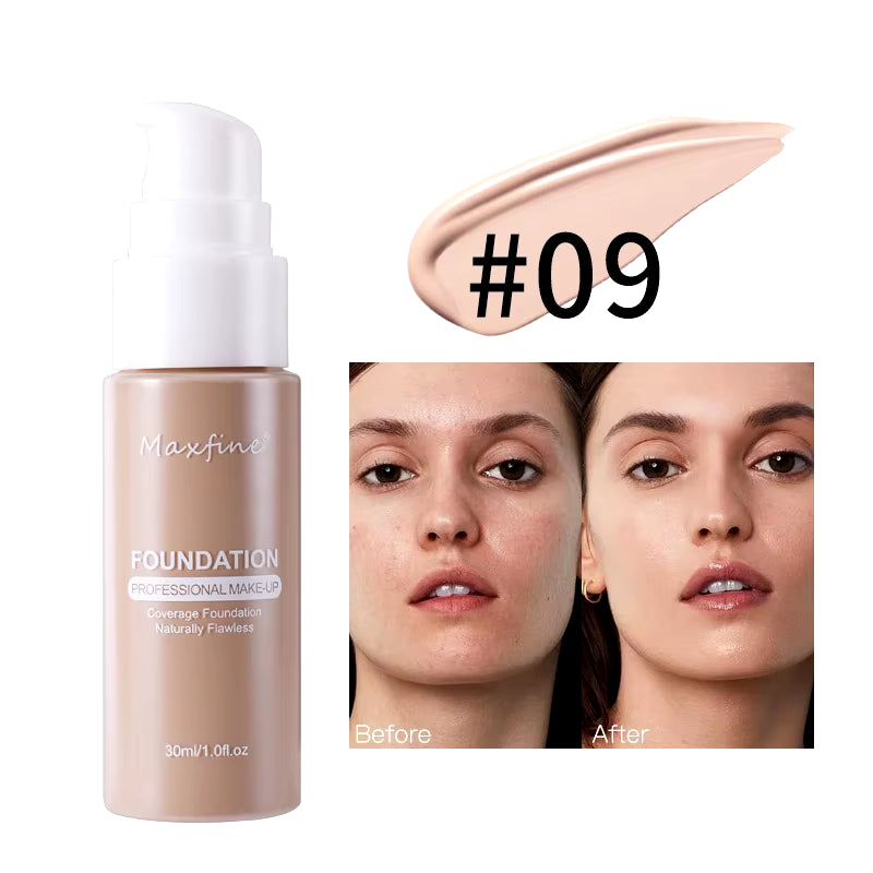 MAXFINE 12-Shade Waterproof Liquid Foundation | Full-Coverage Concealer & Sweat-Resistant Makeup for All Skin Tones