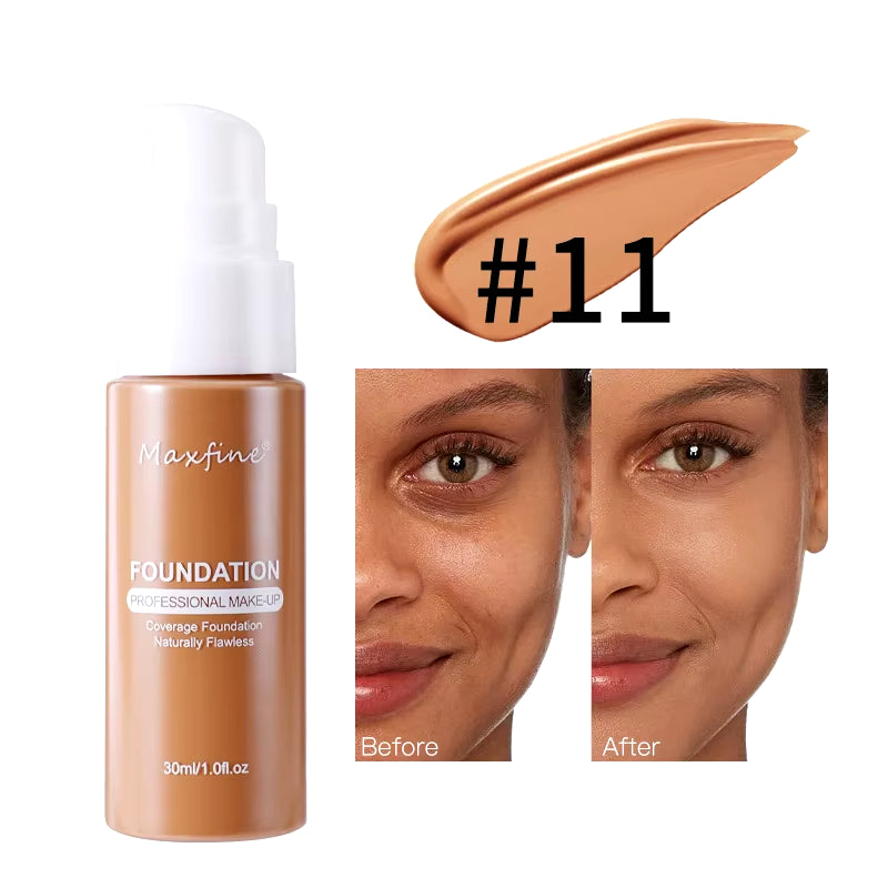 MAXFINE 12-Shade Waterproof Liquid Foundation | Full-Coverage Concealer & Sweat-Resistant Makeup for All Skin Tones