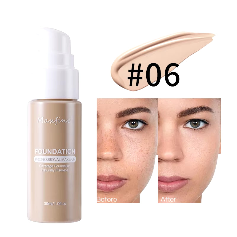 MAXFINE 12-Shade Waterproof Liquid Foundation | Full-Coverage Concealer & Sweat-Resistant Makeup for All Skin Tones