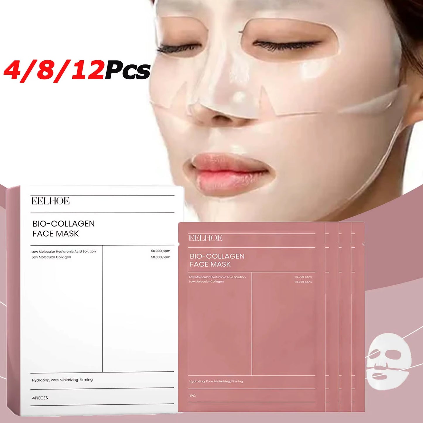 Bio Collagen Hydrating Face Mask Set – Anti-Aging, Deep Moisturizing, and Pore-Tightening Treatment (4 / 8 / 12 pcs)